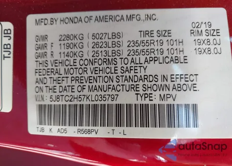 2019 Acura Rdx Technology Package from USA, damaged, VIN 5J8TC2H57KL035797